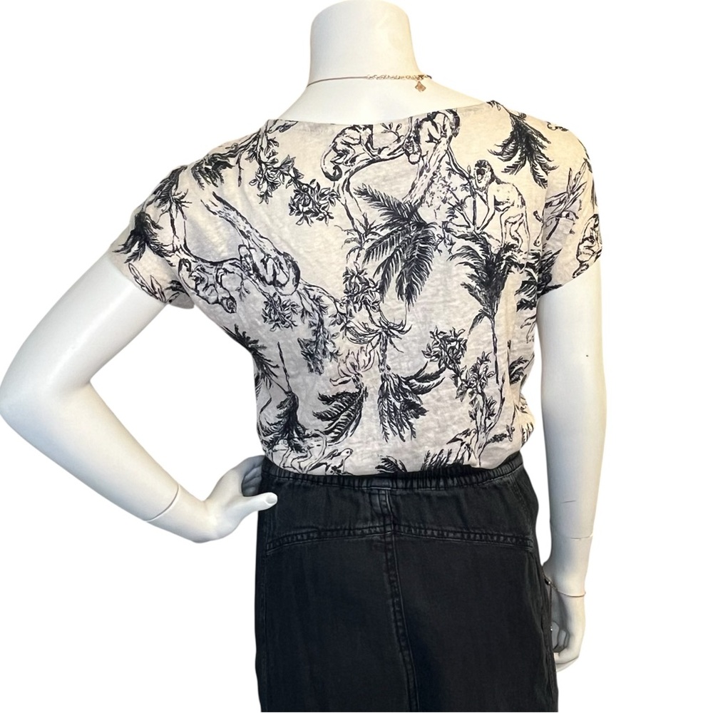 Joie Black and White Tropical Print Boxy Linen Relaxed Fit Cap Sleeve Tee Shirt - Picture 6 of 11